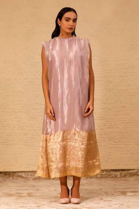 Buy Eeda Purple Silk Tissue Crew Color Blocked Midi Dress Buy_Eeda_Purple Silk Tissue Crew Color Blocked Midi Dress