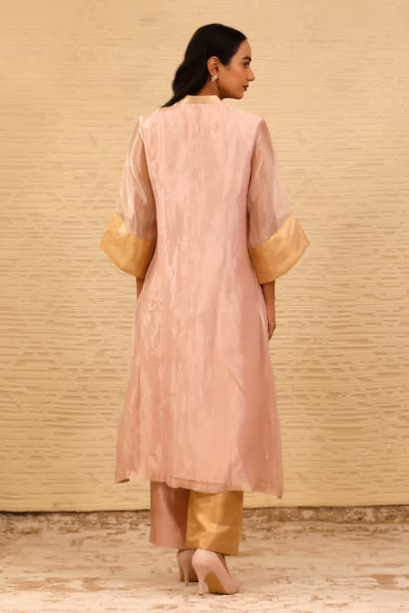 Shop_Eeda_Pink Silk, Chanderi Silk, Chiffon Patchwork V-neck Straight Kurta And Pant Set _at_Aza_Fashions