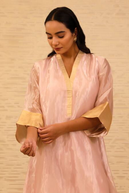 Buy_Eeda_Pink Silk, Chanderi Silk, Chiffon Patchwork V-neck Straight Kurta And Pant Set _Online_at_Aza_Fashions