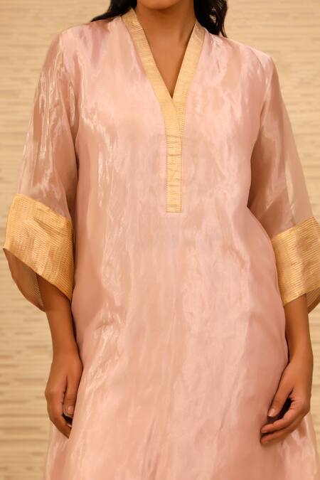 Shop_Eeda_Pink Silk, Chanderi Silk, Chiffon Patchwork V-neck Straight Kurta And Pant Set _Online_at_Aza_Fashions