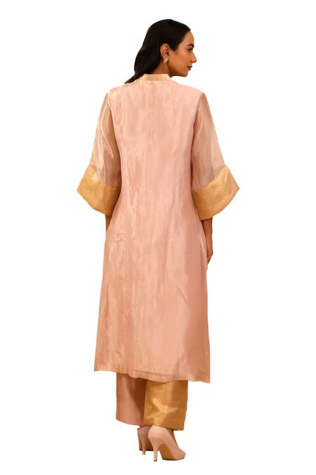 Eeda_Pink Silk, Chanderi Silk, Chiffon Patchwork V-neck Straight Kurta And Pant Set _at_Aza_Fashions