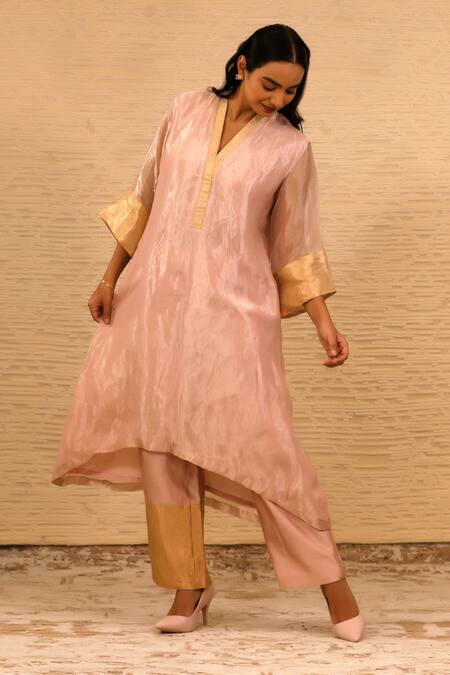 Shop_Eeda_Pink Silk, Chanderi Silk, Chiffon Patchwork V-neck Straight Kurta And Pant Set 
