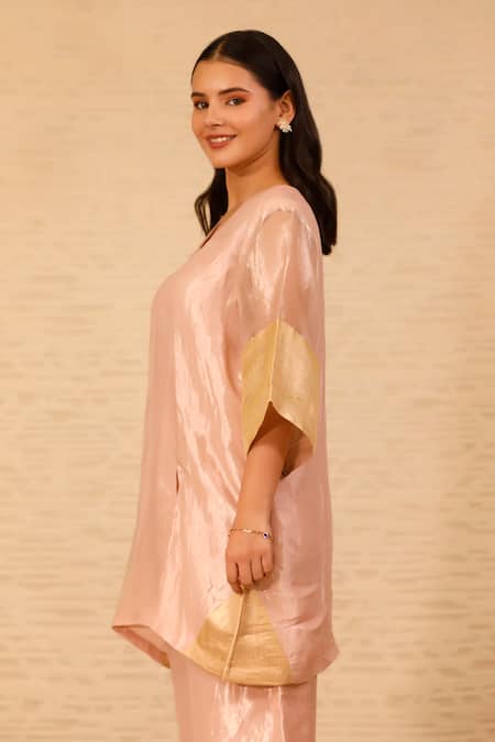 Eeda_Pink Silk, Tissue Patchwork V-neck Short Kurta And Pant Set _Online_at_Aza_Fashions