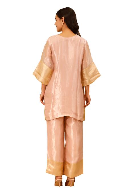 Buy_Eeda_Pink Silk, Tissue Patchwork V-neck Short Kurta And Pant Set _Online_at_Aza_Fashions