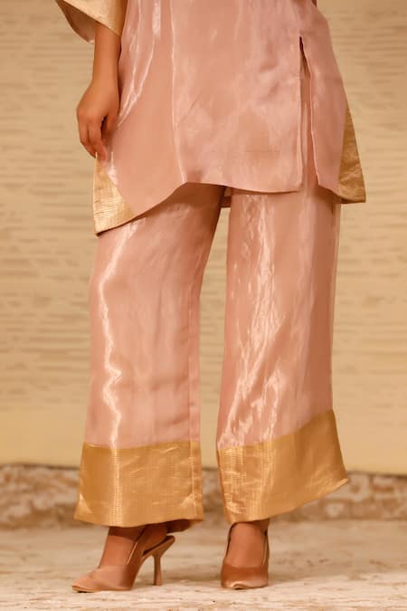 Shop_Eeda_Pink Silk, Tissue Patchwork V-neck Short Kurta And Pant Set _Online_at_Aza_Fashions