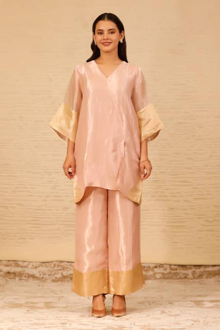 Buy_Eeda_Pink Silk, Tissue Patchwork V-neck Short Kurta And Pant Set 