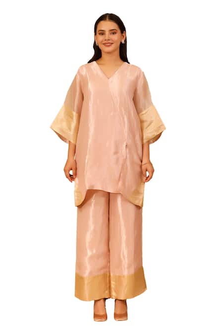 Shop_Eeda_Pink Silk, Tissue Patchwork V-neck Short Kurta And Pant Set 