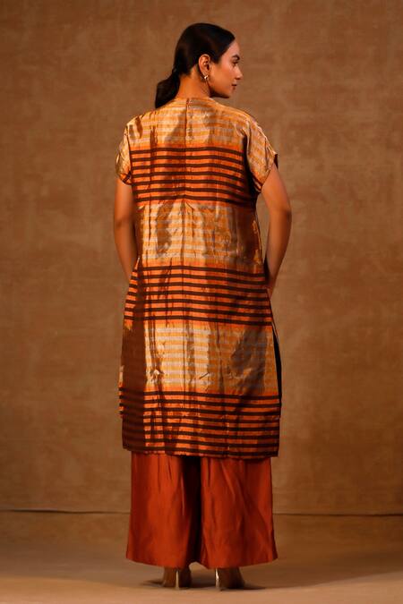 Shop Eeda Multi Color Silk, Viscose Crew Neck Stripe Pattern Kurta And Pant Set at Aza Fashions Shop_Eeda_Multi Color Silk, Viscose Crew Neck Stripe Pattern Kurta And Pant Set _at_Aza_Fashions