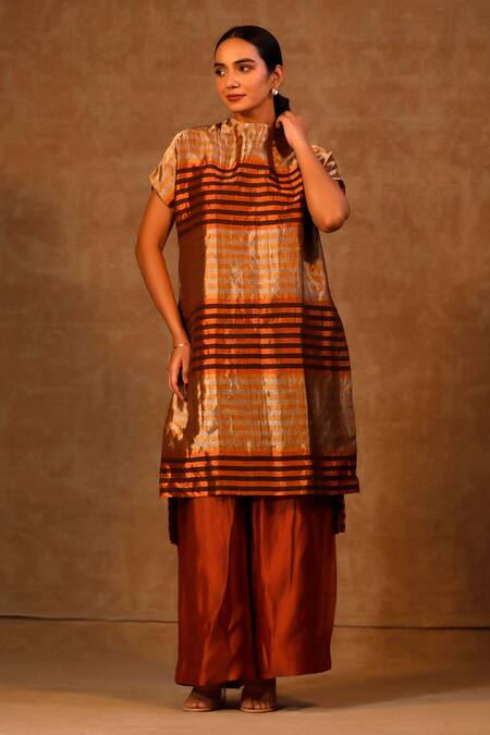 Shop Eeda Multi Color Silk, Viscose Crew Neck Stripe Pattern Kurta And Pant Set Online at Aza Fashions Shop_Eeda_Multi Color Silk, Viscose Crew Neck Stripe Pattern Kurta And Pant Set _Online_at_Aza_Fashions