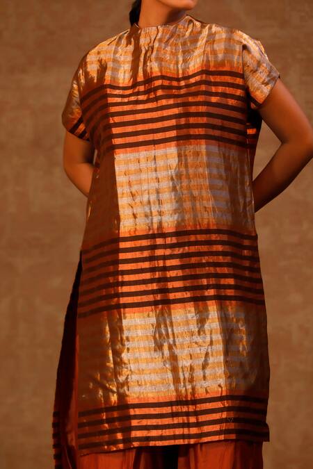 Shop Eeda Multi Color Silk, Viscose Crew Neck Stripe Pattern Kurta And Pant Set Shop_Eeda_Multi Color Silk, Viscose Crew Neck Stripe Pattern Kurta And Pant Set