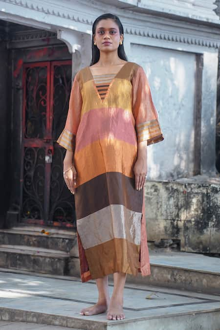 Eeda Multi Color Metallic Silk Tissue Blunt V Blocked Stripe Pattern Midi Dress 