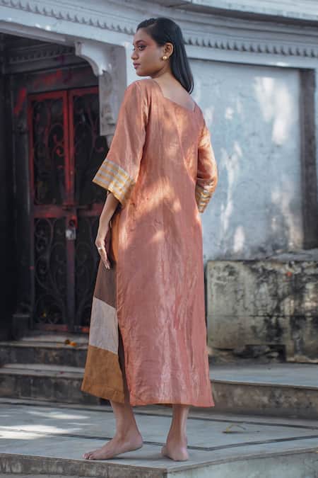 Shop Eeda Multi Color Metallic Silk Tissue Blunt V Blocked Stripe Pattern Midi Dress at Aza Fashions Shop_Eeda_Multi Color Metallic Silk Tissue Blunt V Blocked Stripe Pattern Midi Dress _at_Aza_Fashions