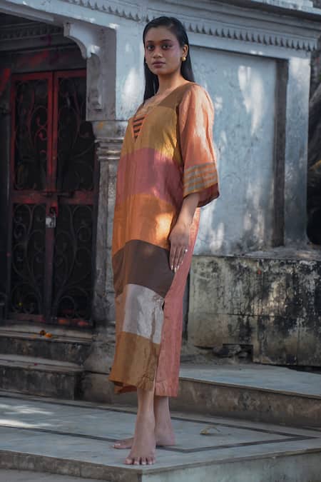 Eeda Multi Color Metallic Silk Tissue Blunt V Blocked Stripe Pattern Midi Dress Online at Aza Fashions Eeda_Multi Color Metallic Silk Tissue Blunt V Blocked Stripe Pattern Midi Dress _Online_at_Aza_Fashions