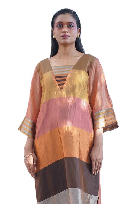 Eeda Multi Color Metallic Silk Tissue Blunt V Blocked Stripe Pattern Midi Dress at Aza Fashions Eeda_Multi Color Metallic Silk Tissue Blunt V Blocked Stripe Pattern Midi Dress _at_Aza_Fashions