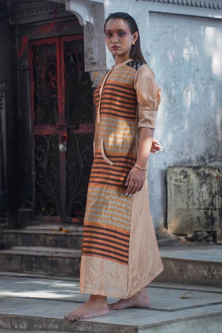 Buy Eeda Multi Color Metallic Silk Tissue Blunt V Blocked Stripe Pattern Midi Dress Buy_Eeda_Multi Color Metallic Silk Tissue Blunt V Blocked Stripe Pattern Midi Dress