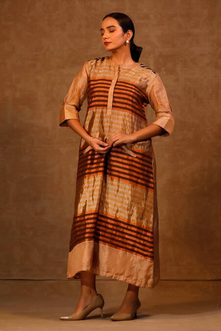 Buy_Eeda_Multi Color Metallic And Mandarin Collar Midi Dress _Online_at_Aza_Fashions