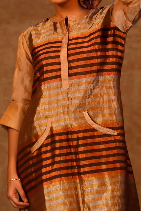 Eeda_Multi Color Metallic And Mandarin Collar Midi Dress _at_Aza_Fashions