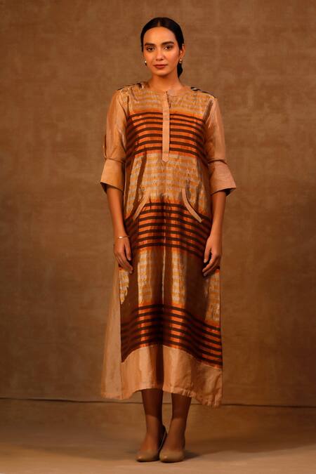 Shop_Eeda_Multi Color Metallic And Mandarin Collar Midi Dress 