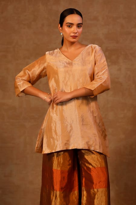 Shop Eeda Multi Color Silk, Tissue V-neck Kurta And Metallic Striped Pant at Aza Fashions Shop_Eeda_Multi Color Silk, Tissue V-neck Kurta And Metallic Striped Pant _at_Aza_Fashions