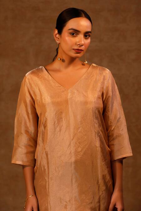 Eeda Multi Color Silk, Tissue V-neck Kurta And Metallic Striped Pant Online at Aza Fashions Eeda_Multi Color Silk, Tissue V-neck Kurta And Metallic Striped Pant _Online_at_Aza_Fashions