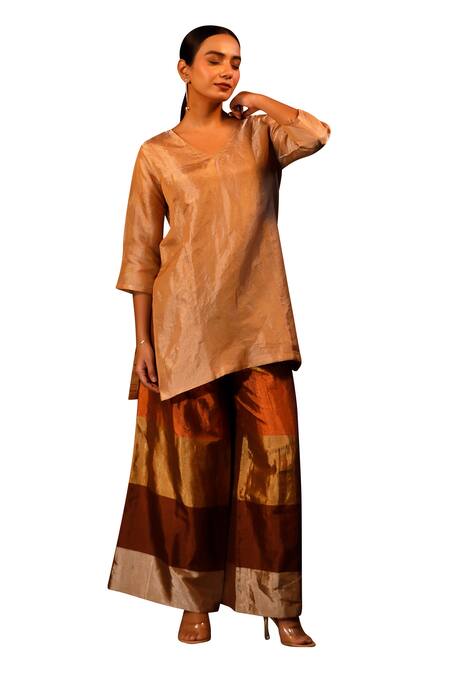 Buy Eeda Multi Color Silk, Tissue V-neck Kurta And Metallic Striped Pant Online at Aza Fashions Buy_Eeda_Multi Color Silk, Tissue V-neck Kurta And Metallic Striped Pant _Online_at_Aza_Fashions