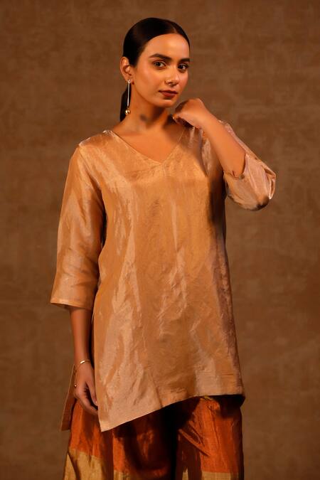 Shop Eeda Multi Color Silk, Tissue V-neck Kurta And Metallic Striped Pant Online at Aza Fashions Shop_Eeda_Multi Color Silk, Tissue V-neck Kurta And Metallic Striped Pant _Online_at_Aza_Fashions