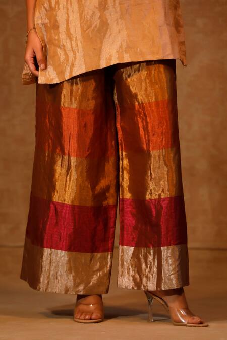 Eeda Multi Color Silk, Tissue V-neck Kurta And Metallic Striped Pant at Aza Fashions Eeda_Multi Color Silk, Tissue V-neck Kurta And Metallic Striped Pant _at_Aza_Fashions