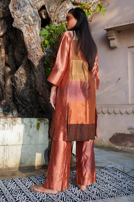 Shop Eeda Multi Color Silk Collared Blocked Kurta And Pant Set at Aza Fashions Shop_Eeda_Multi Color Silk Collared Blocked Kurta And Pant Set _at_Aza_Fashions