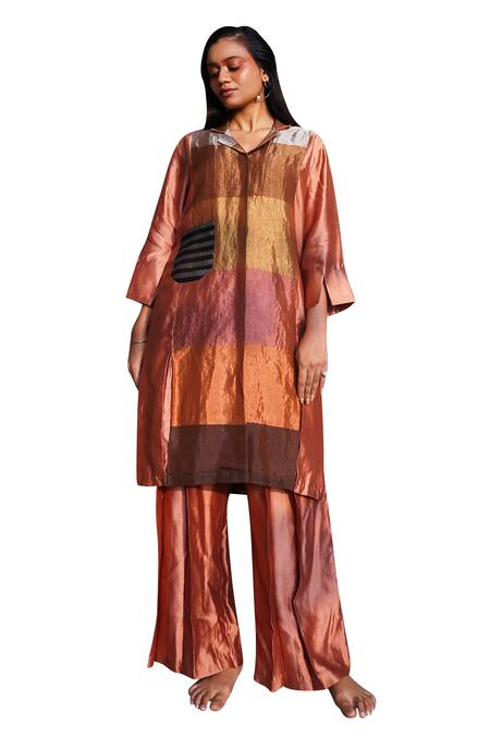Shop Eeda Multi Color Silk Collared Blocked Kurta And Pant Set Online at Aza Fashions Shop_Eeda_Multi Color Silk Collared Blocked Kurta And Pant Set _Online_at_Aza_Fashions