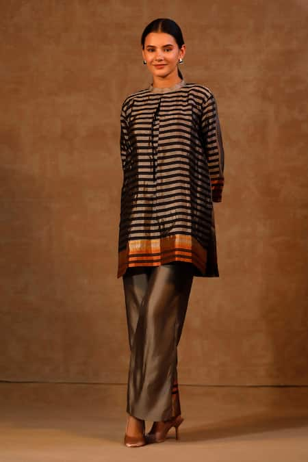 Eeda Striped High Neck Kurta & Pant Set 