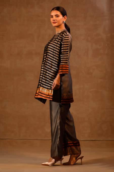 Eeda Black Silk High Neck Striped Kurta And Pant Set Online at Aza Fashions Eeda_Black Silk High Neck Striped Kurta And Pant Set _Online_at_Aza_Fashions