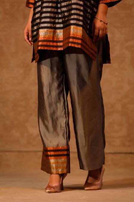 Shop Eeda Black Silk High Neck Striped Kurta And Pant Set Online at Aza Fashions Shop_Eeda_Black Silk High Neck Striped Kurta And Pant Set _Online_at_Aza_Fashions