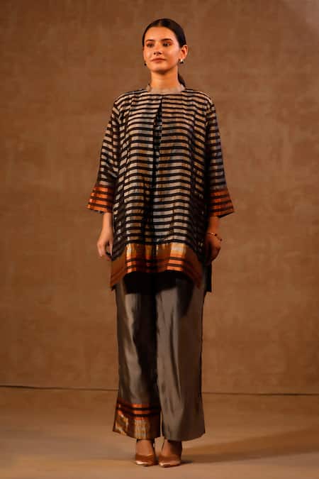 Eeda Black Silk High Neck Striped Kurta And Pant Set at Aza Fashions Eeda_Black Silk High Neck Striped Kurta And Pant Set _at_Aza_Fashions