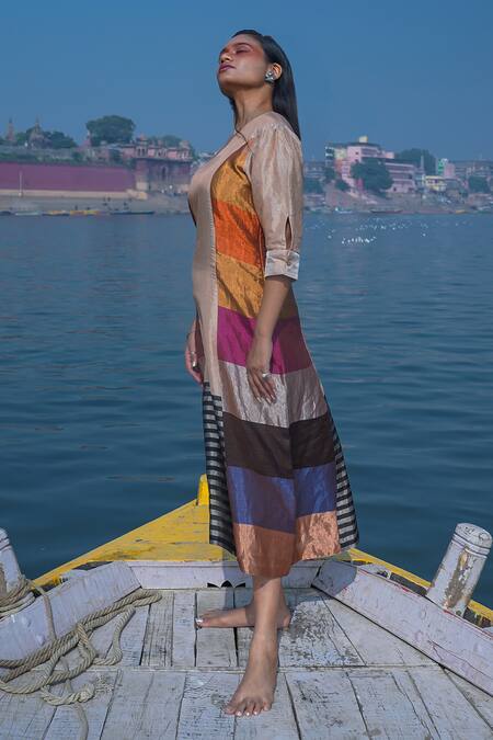 Eeda Multi Color Kurta Silk Tissue V Neck Blocked Midi Dress Online at Aza Fashions Eeda_Multi Color Kurta Silk Tissue V Neck Blocked Midi Dress _Online_at_Aza_Fashions