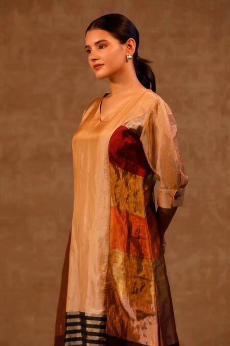 Buy Eeda Multi Color Kurta Silk Tissue V Neck Blocked Midi Dress Online at Aza Fashions Buy_Eeda_Multi Color Kurta Silk Tissue V Neck Blocked Midi Dress _Online_at_Aza_Fashions