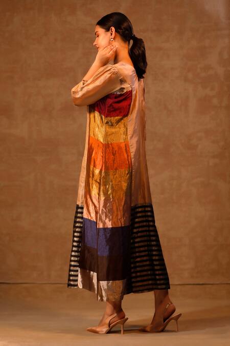 Shop Eeda Multi Color Kurta Silk Tissue V Neck Blocked Midi Dress Online at Aza Fashions Shop_Eeda_Multi Color Kurta Silk Tissue V Neck Blocked Midi Dress _Online_at_Aza_Fashions