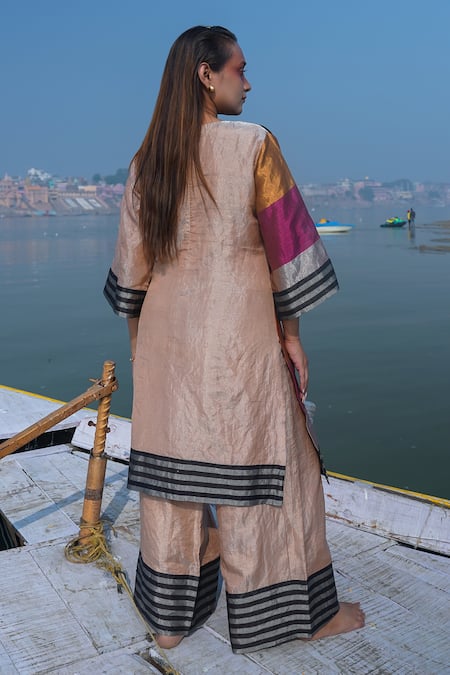 Shop_Eeda_Multi Color , Satin Crew Neck High Slit Blocked Kurta And Pant Set _at_Aza_Fashions