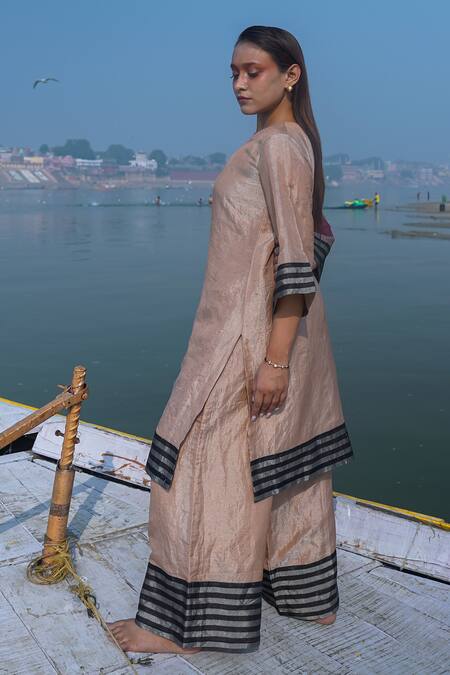 Eeda_Multi Color , Satin Crew Neck High Slit Blocked Kurta And Pant Set _Online_at_Aza_Fashions