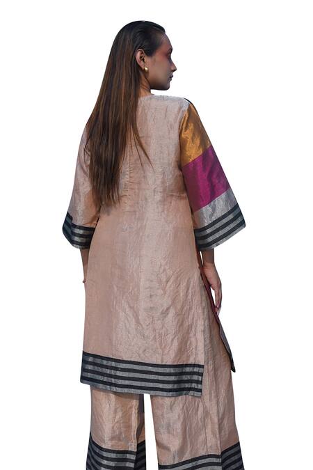 Buy_Eeda_Multi Color , Satin Crew Neck High Slit Blocked Kurta And Pant Set _Online_at_Aza_Fashions