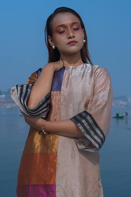 Shop_Eeda_Multi Color , Satin Crew Neck High Slit Blocked Kurta And Pant Set _Online_at_Aza_Fashions