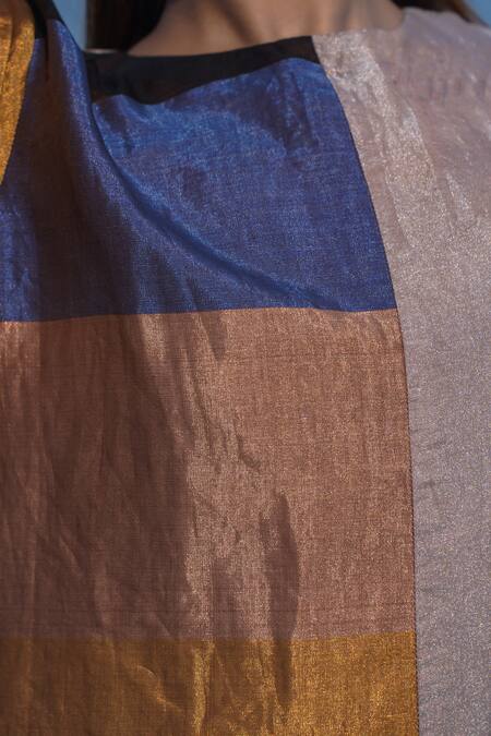 Eeda_Multi Color , Satin Crew Neck High Slit Blocked Kurta And Pant Set _at_Aza_Fashions