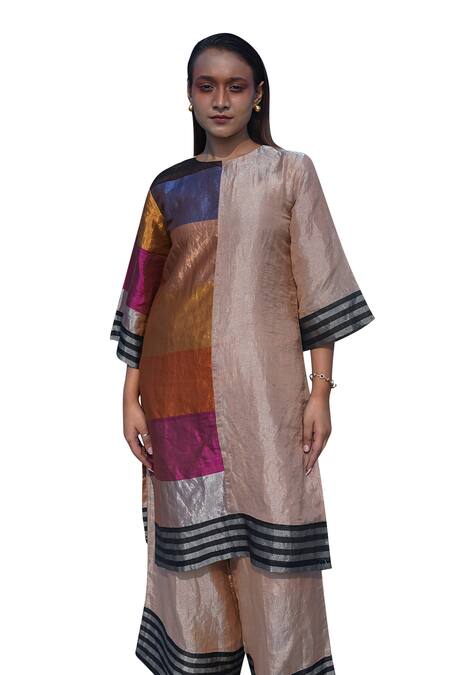 Shop_Eeda_Multi Color , Satin Crew Neck High Slit Blocked Kurta And Pant Set 
