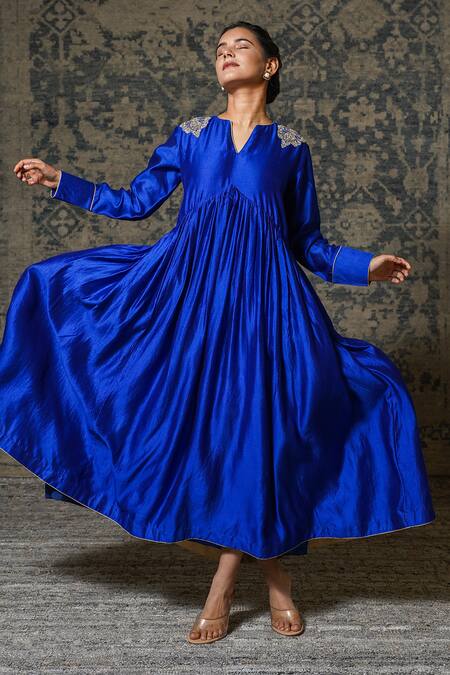 Shop_Eeda_Blue Chiffon Embroidery Split V-neck Noor Placement Anarkali _Online_at_Aza_Fashions