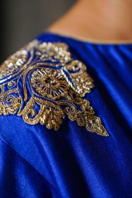 Eeda_Blue Chiffon Embroidery Split V-neck Noor Placement Anarkali _at_Aza_Fashions