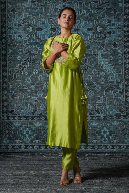 Eeda Green Chiffon, Silk Tassels, Embroidery Round Neck Noor Patch Kurta And Pant Set at Aza Fashions Eeda_Green Chiffon, Silk Tassels, Embroidery Round Neck Noor Patch Kurta And Pant Set _at_Aza_Fashions