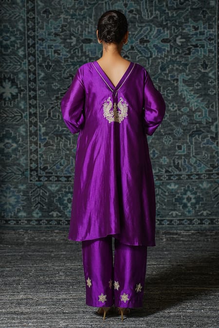 Shop Eeda Purple Chiffon, Silk Embroidery Round Neck Noor Back Patch Kurta And Pant Set at Aza Fashions Shop_Eeda_Purple Chiffon, Silk Embroidery Round Neck Noor Back Patch Kurta And Pant Set _at_Aza_Fashions