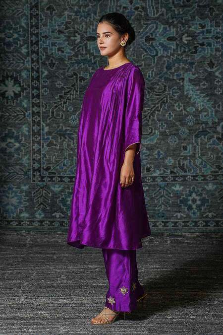 Shop Eeda Purple Chiffon, Silk Embroidery Round Neck Noor Back Patch Kurta And Pant Set Online at Aza Fashions Shop_Eeda_Purple Chiffon, Silk Embroidery Round Neck Noor Back Patch Kurta And Pant Set _Online_at_Aza_Fashions