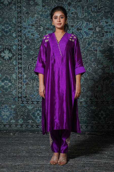 Eeda_Purple Chiffon, Silk Zari Scoop Neck Noor Placement Embroidered Kurta And Pant Set _Online_at_Aza_Fashions