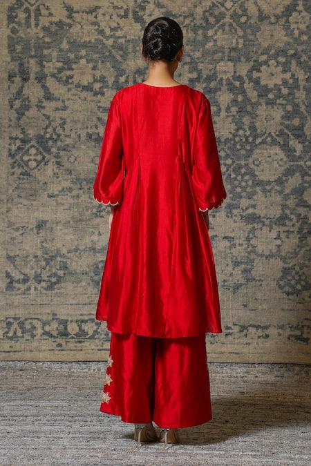 Shop Eeda Red Chiffon, Silk Zari V-neck Noor Gathered Zardosi Work Anarkali And Pant Set at Aza Fashions Shop_Eeda_Red Chiffon, Silk Zari V-neck Noor Gathered Zardosi Work Anarkali And Pant Set _at_Aza_Fashions