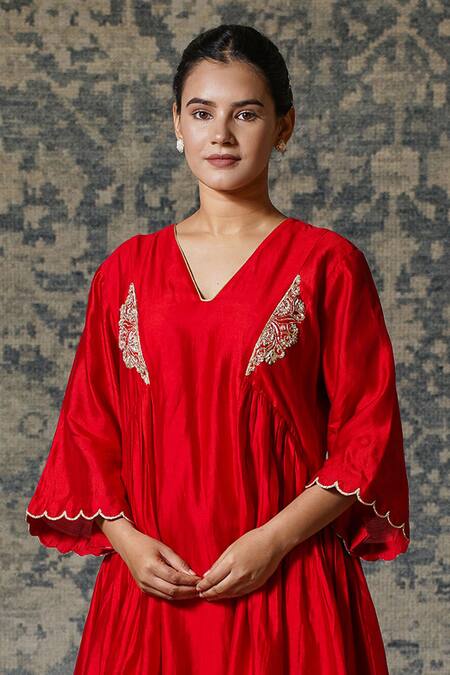 Eeda Red Chiffon, Silk Zari V-neck Noor Gathered Zardosi Work Anarkali And Pant Set Online at Aza Fashions Eeda_Red Chiffon, Silk Zari V-neck Noor Gathered Zardosi Work Anarkali And Pant Set _Online_at_Aza_Fashions